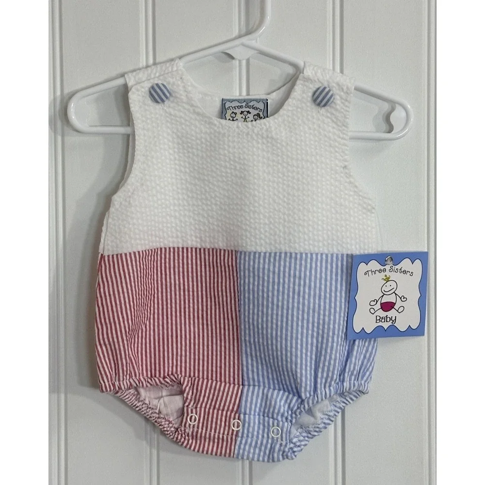 Three Sisters Baby Boys Newborn Red Blue Seersucker Colorblock Bubble Romper NWT